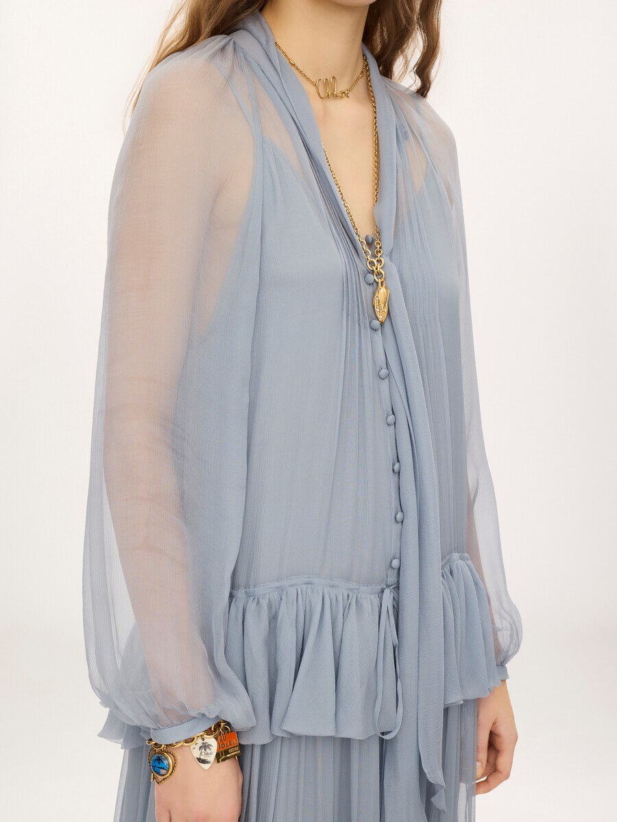 Fluid lavalli&egrave;re long dress in silk mousseline - 6