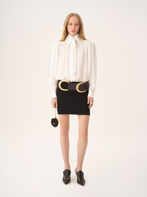 Gathered scarf-tie blouse in cr&ecirc;pe de chine & lace