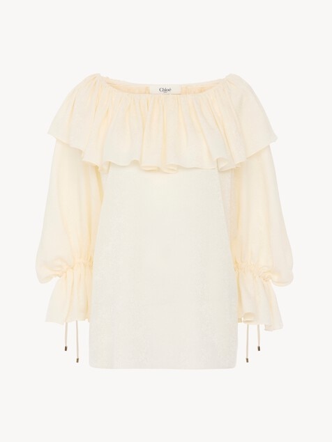 Fluid ruffle top in silk jacquard