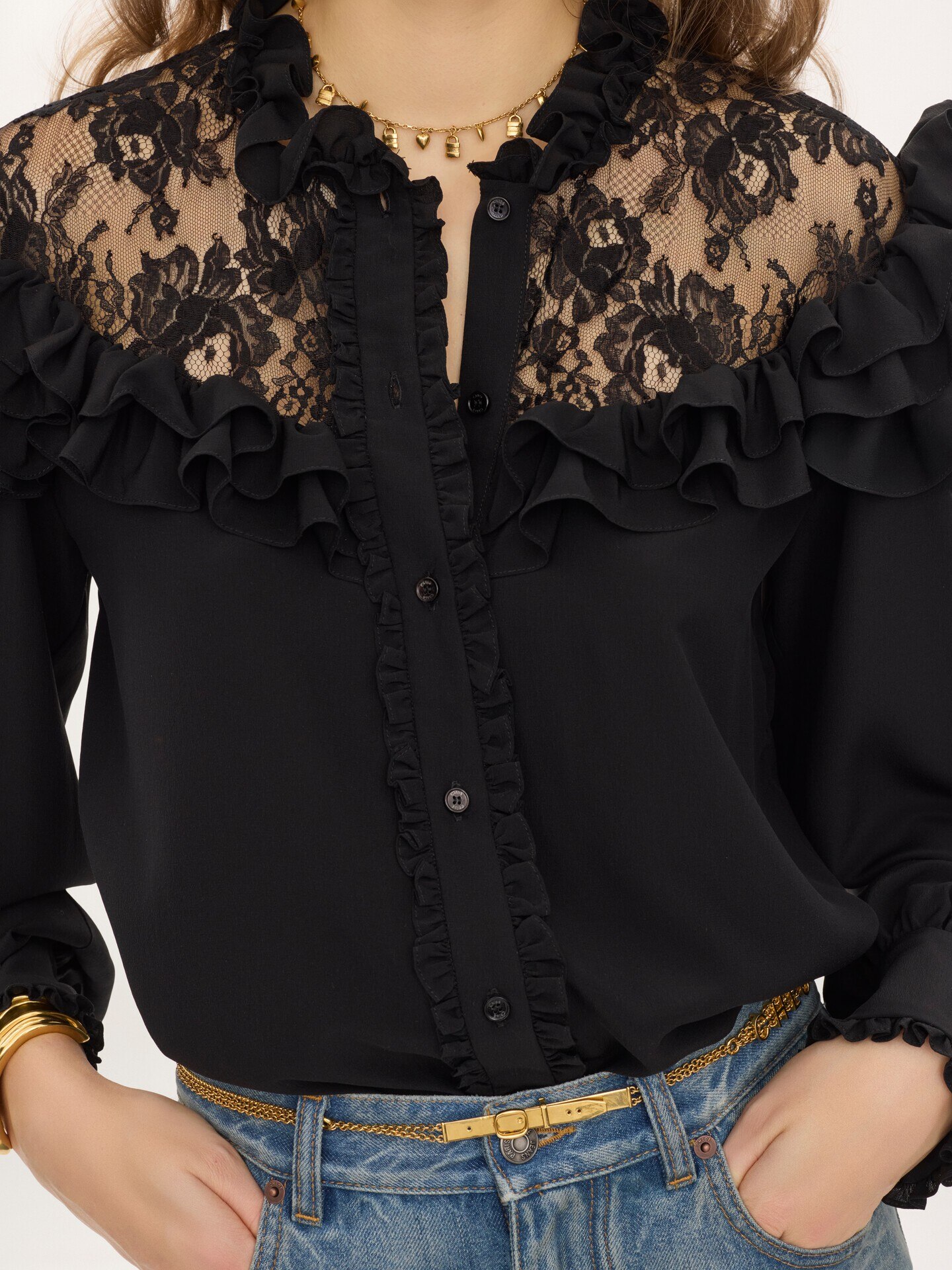 High-neck ruffled blouse in cr&ecirc;pe de chine & lace - 6