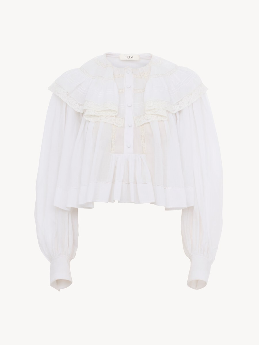 Cropped ruffled top in cotton voile & lace - 2