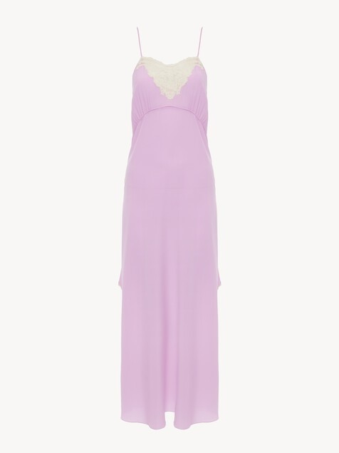 Robe midi &agrave; fines bretelles en cr&ecirc;pe de chine et dentelle