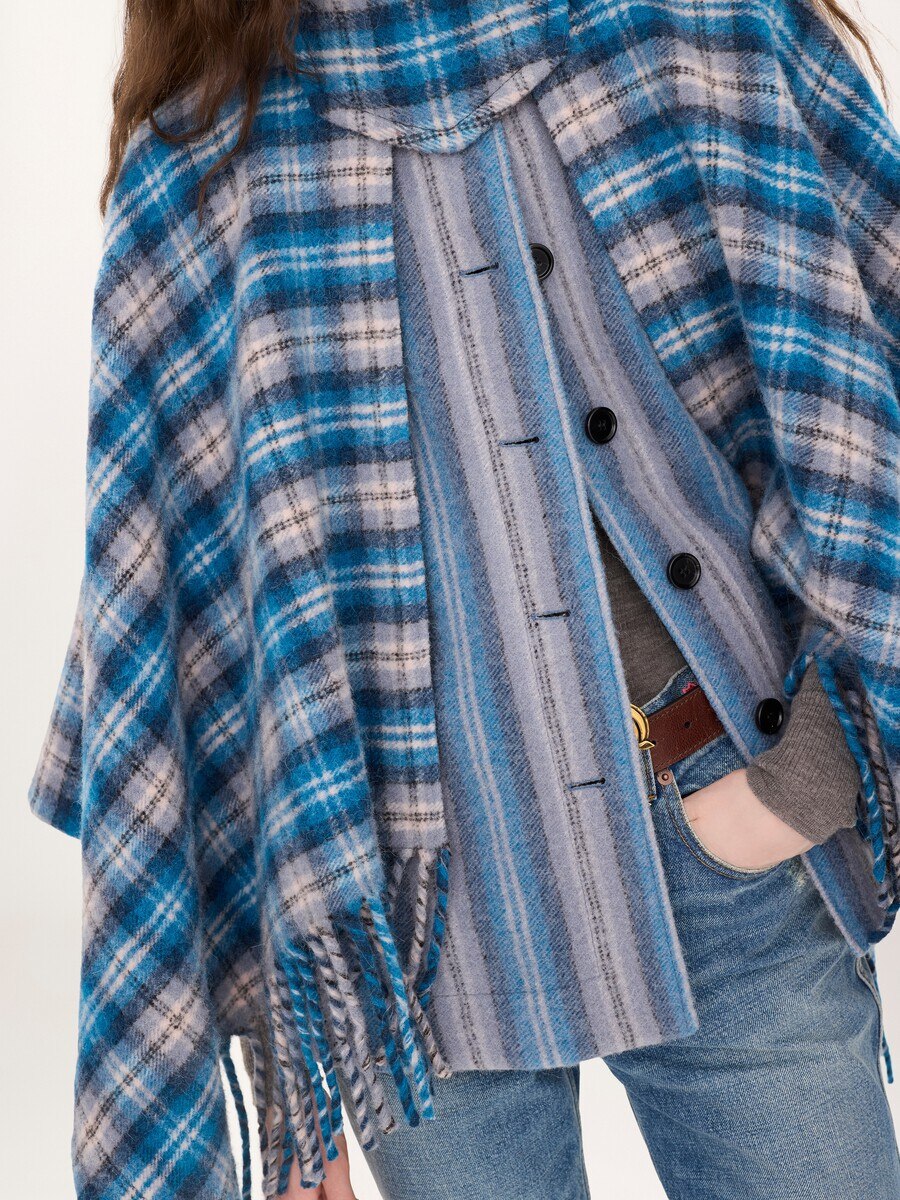 High-neck short cape coat in check wool & alpaca - 8