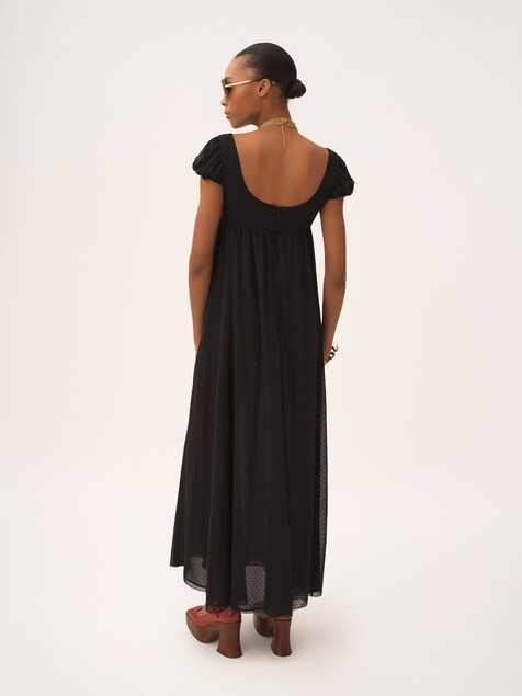 Puff-sleeve long dress in silk plumetis