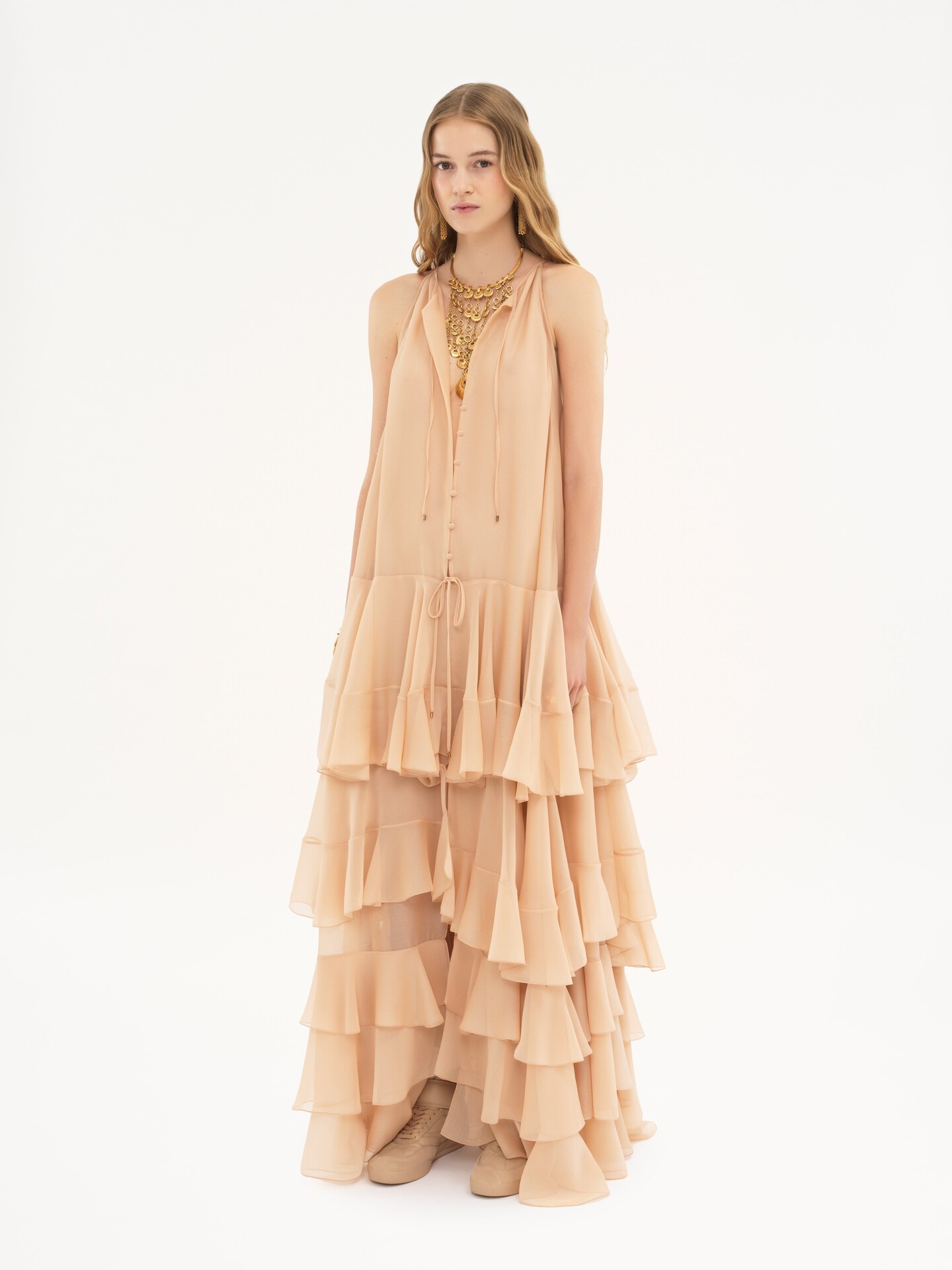Robe longue &agrave; volants en georgette de soie - 4