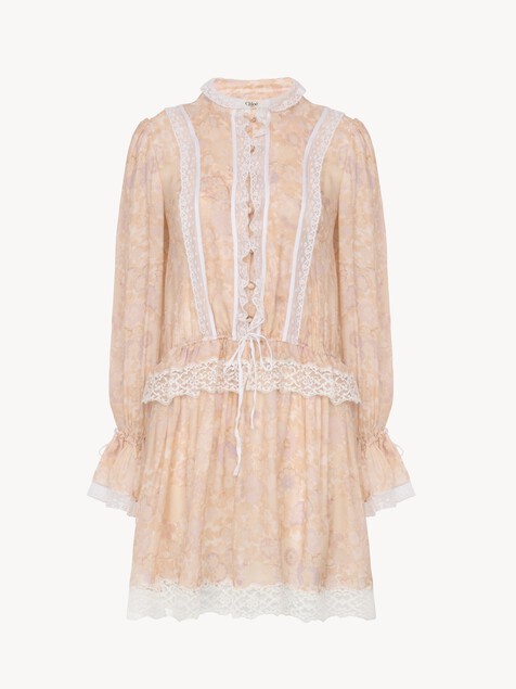 Mini robe manches bouffantes en charmeuse de soie et dentelle