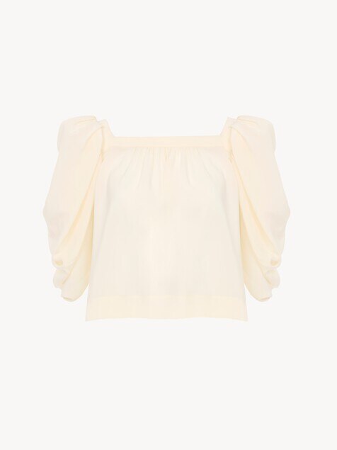 Puff-sleeve pleated top in cr&ecirc;pe de chine