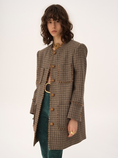 Manteau droit sans col en laine pied-de-poule