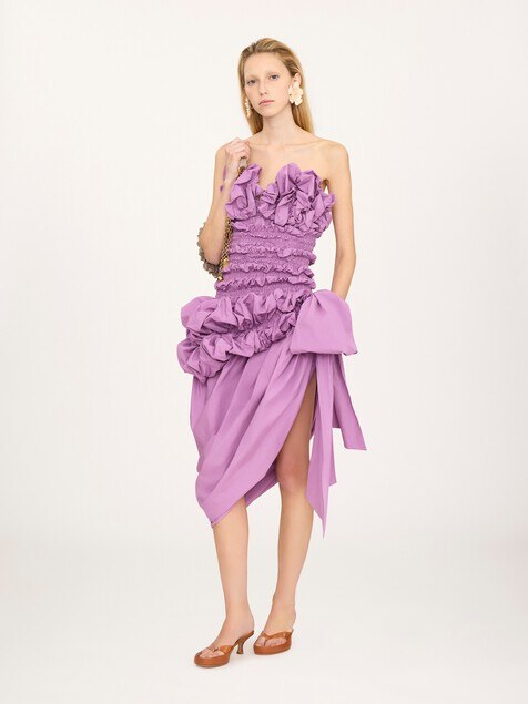 Robe midi bustier fronc&eacute;e en popeline de coton
