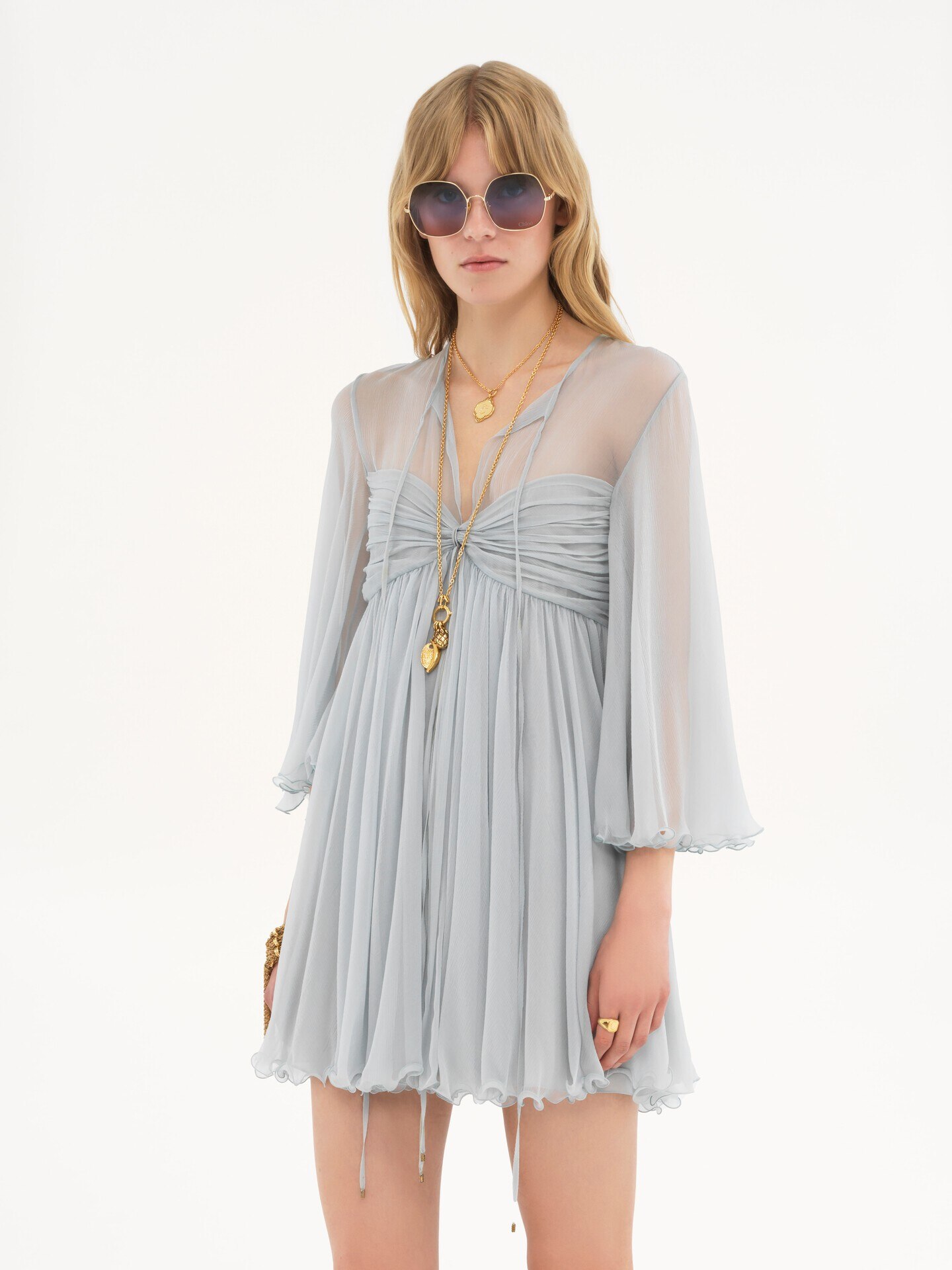 Pleated mini dress in silk mousseline - 5