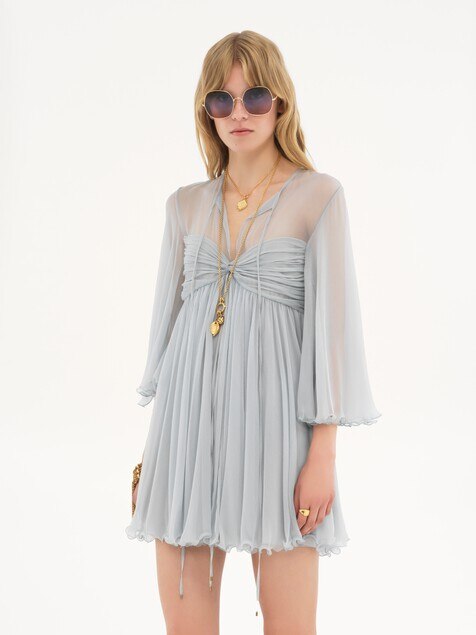 Pleated mini dress in silk mousseline