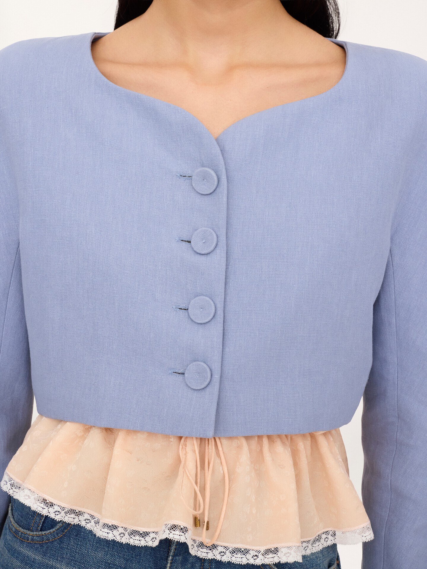 Cropped collarless jacket in linen cr&ecirc;pe - 7