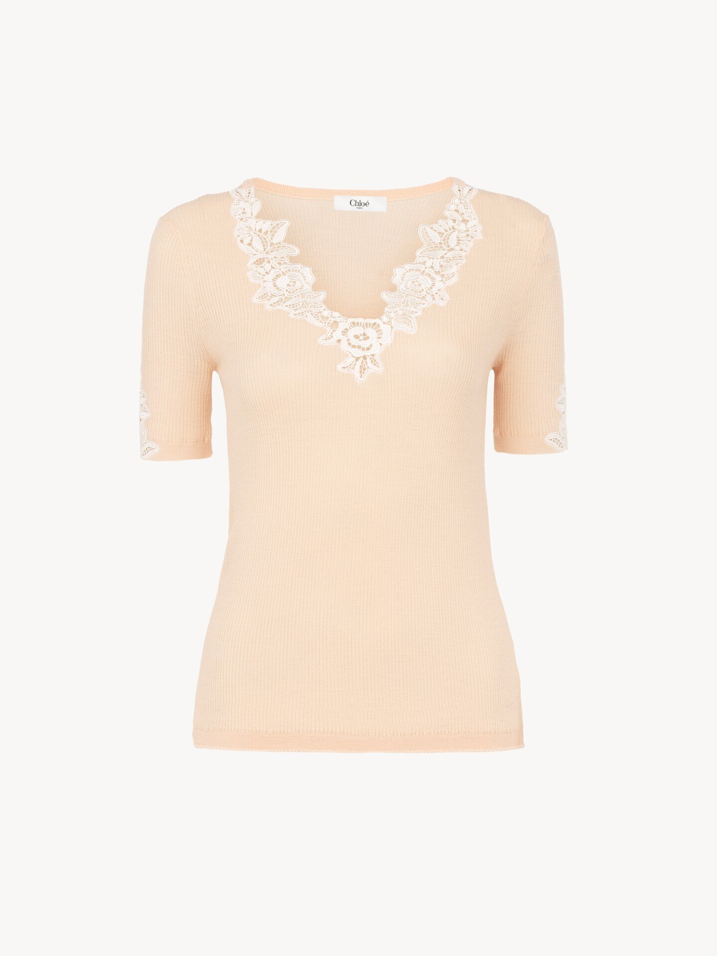 Fitted short-sleeve top in guipure lace wool knit Orange - Chloé