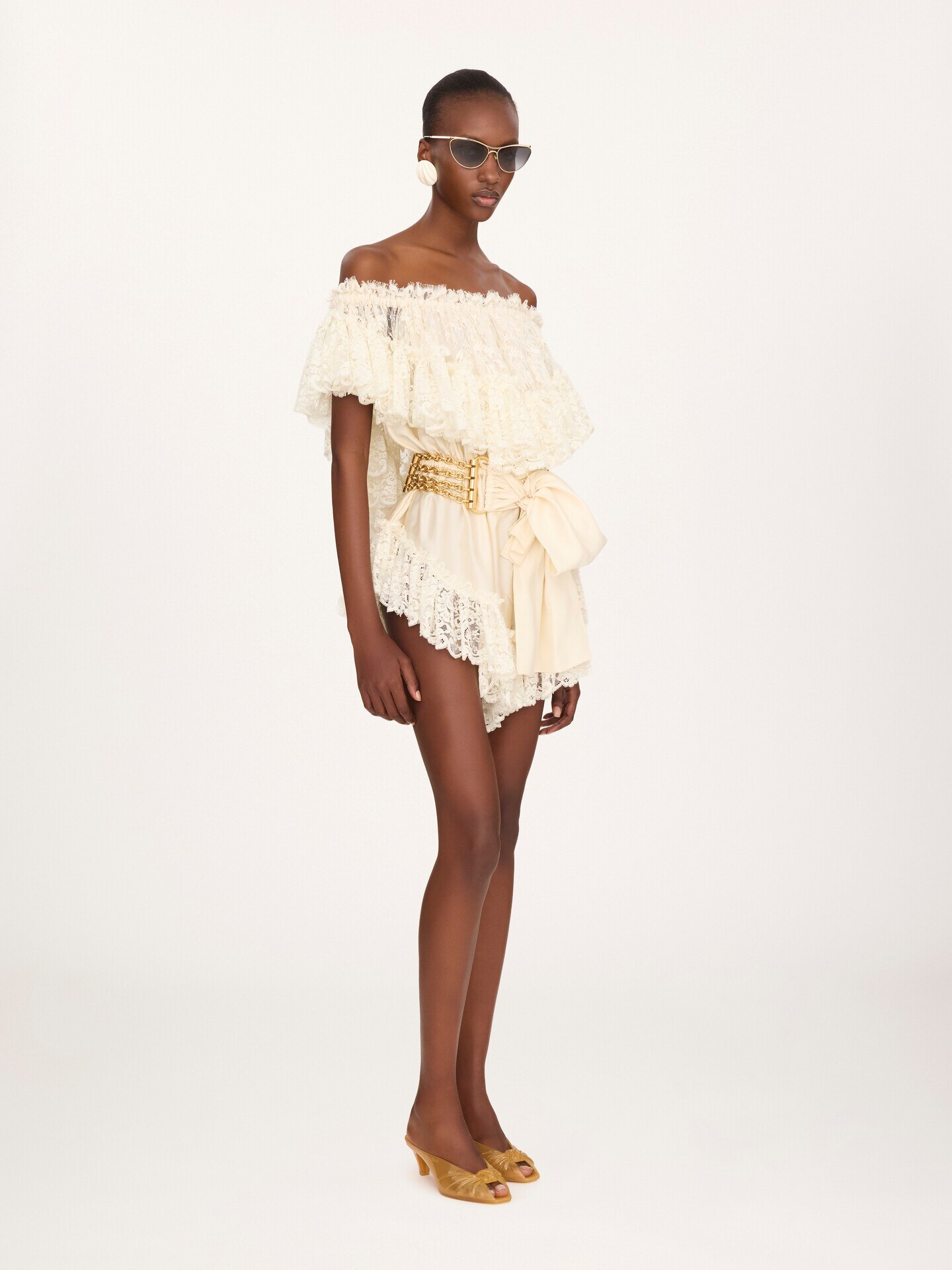 Mini off-the-shoulder playsuit in washed silk satin & lace - 3