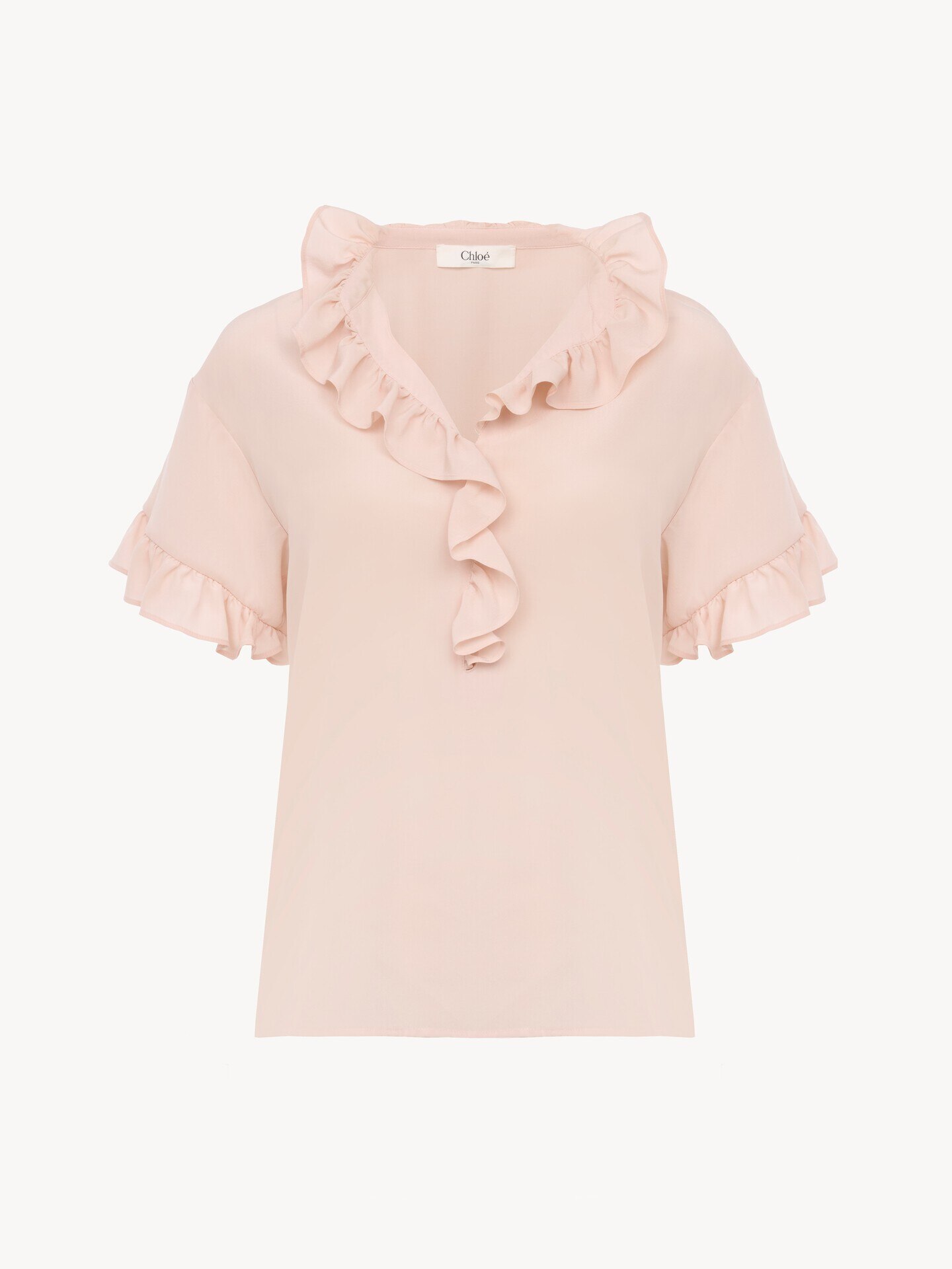 Short-sleeve ruffle top in cr&ecirc;pe de chine - 2