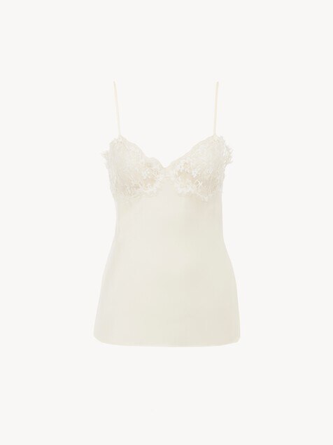 Top caraco &agrave; fines bretelles en satin de soie lav&eacute; et dentelle