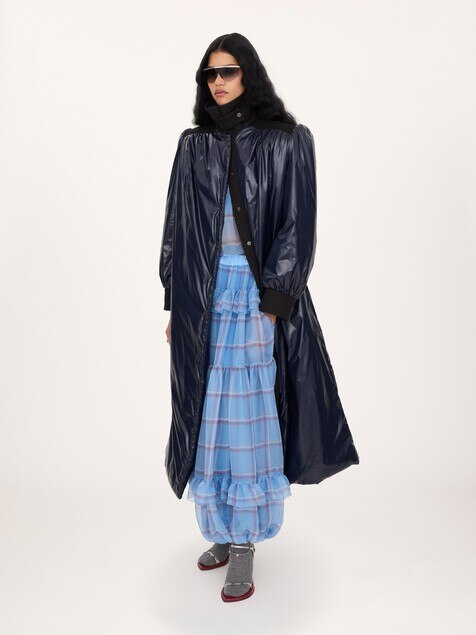 Long utilitarian coat in shiny nylon