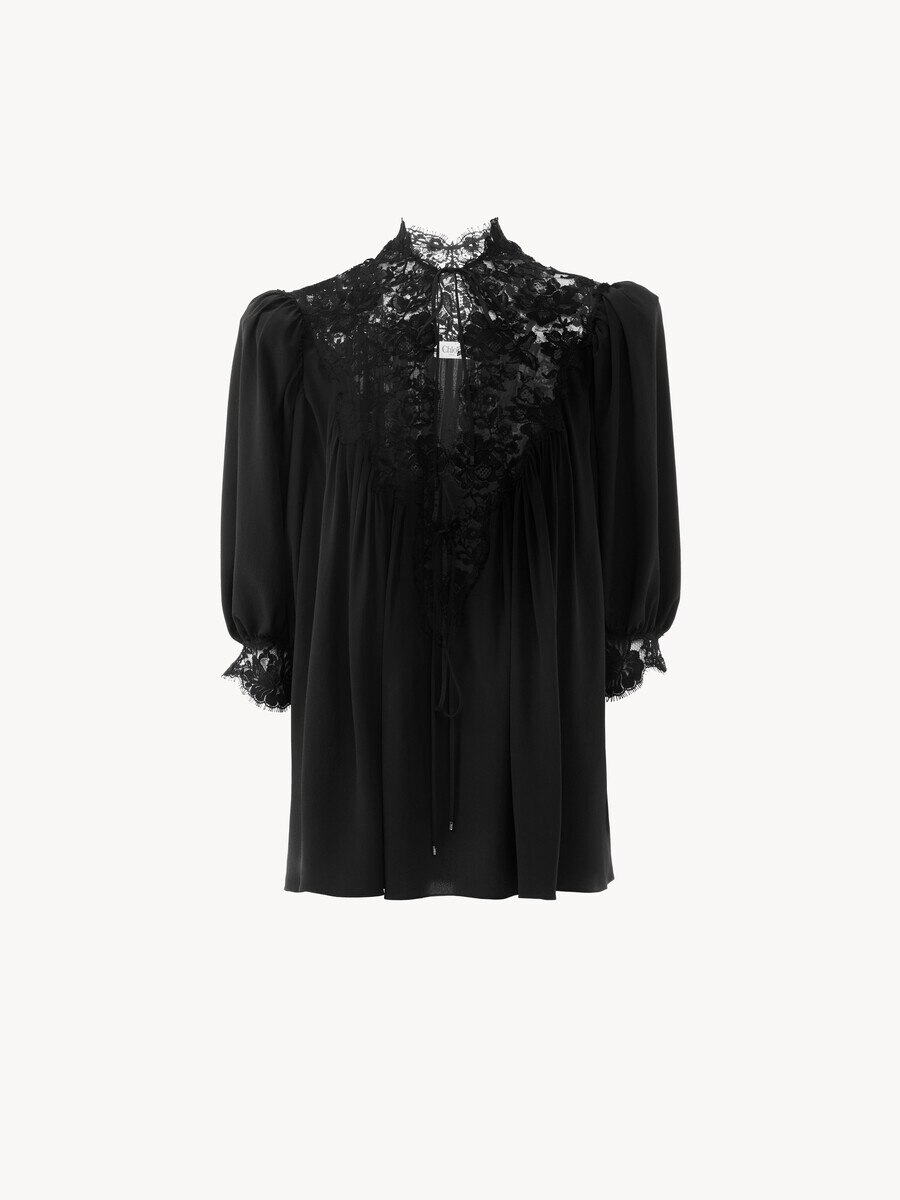 Fluid puff-sleeve top in cr&ecirc;pe de chine & lace - 1
