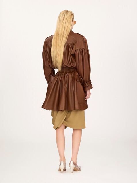 High-neck puff-sleeve coat in leather