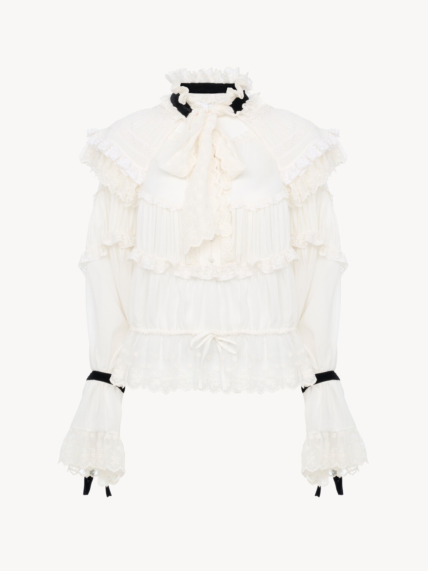 Tie-front ruffled top in silk mousseline & lace - 2.0