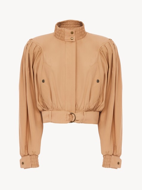 Chaqueta cropped fruncida de popelina de algod&oacute;n