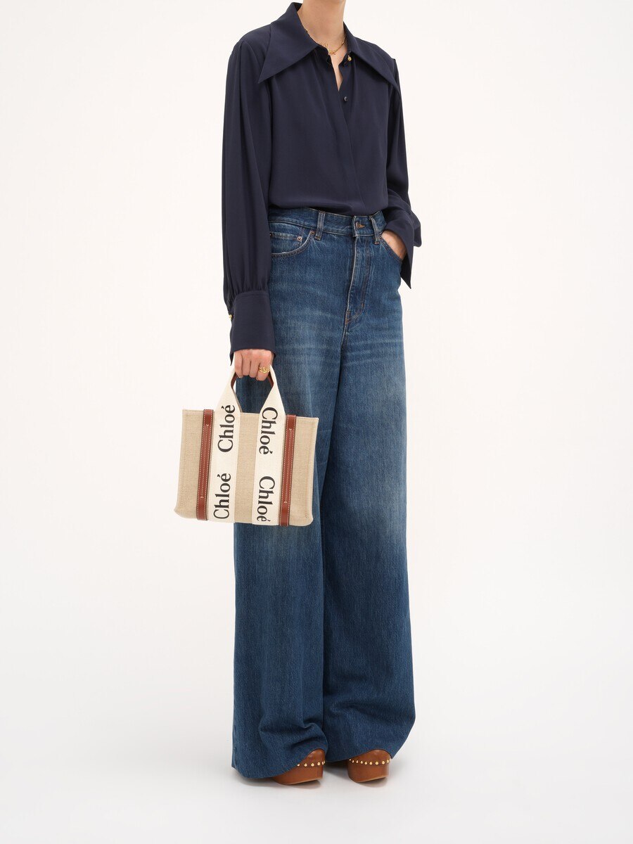 Small Woody tote bag in linen - 7