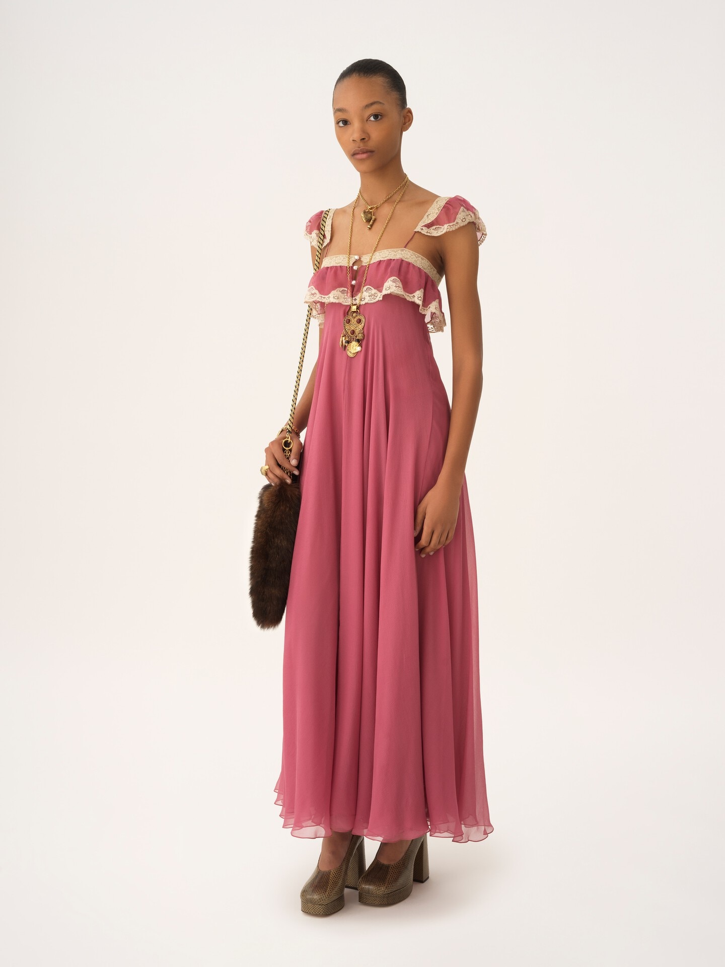 Fluid long dress in silk mousseline & lace - 3