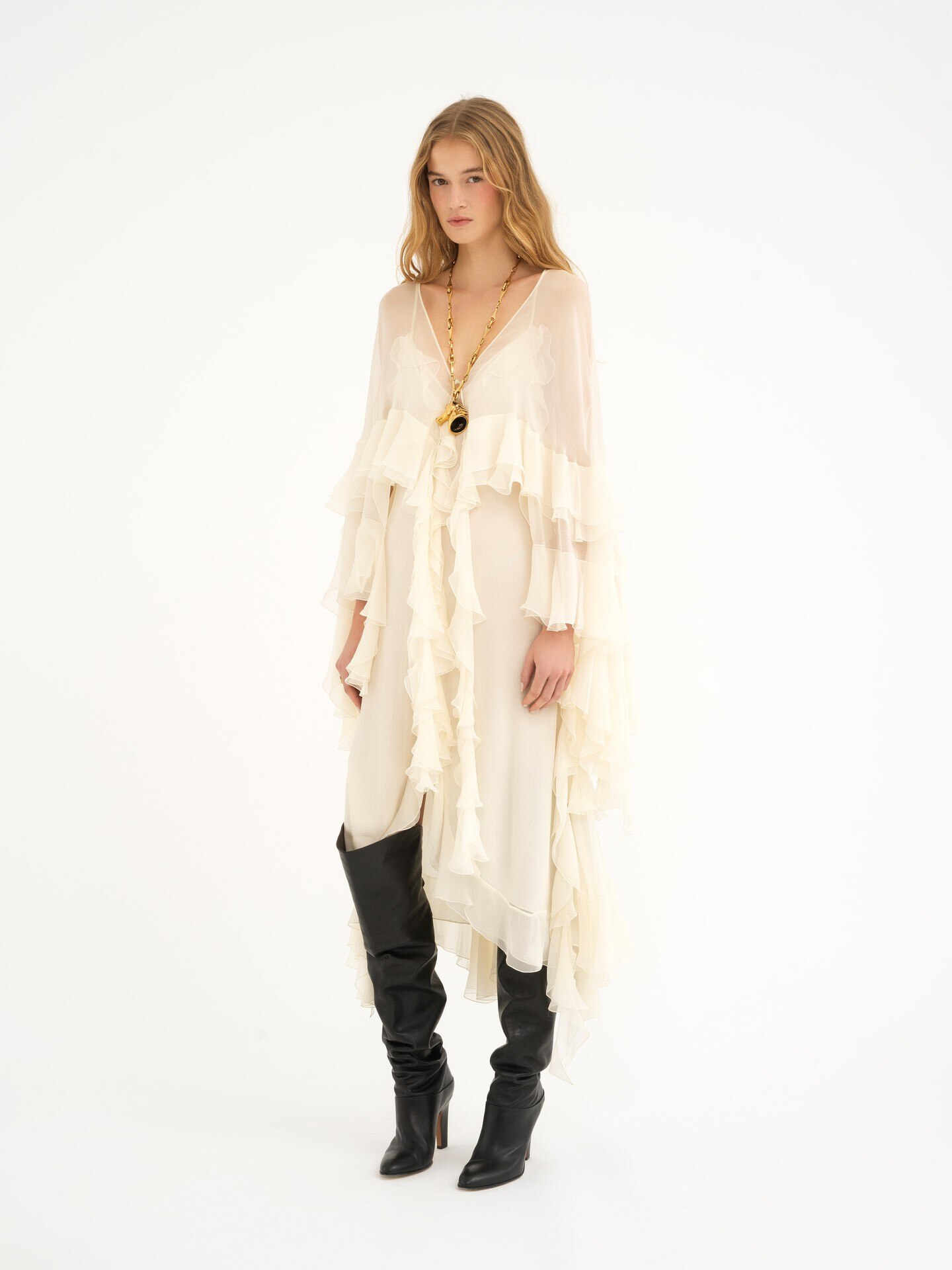 Long Ruffled Dress In Silk Mousseline - 13