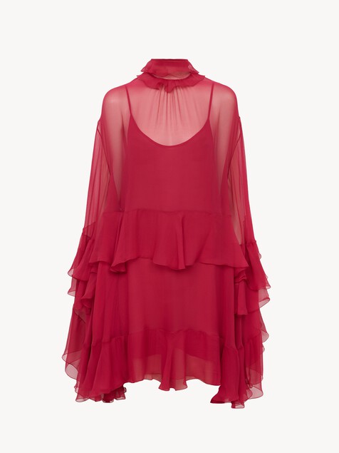 Ruffled mini dress in silk mousseline
