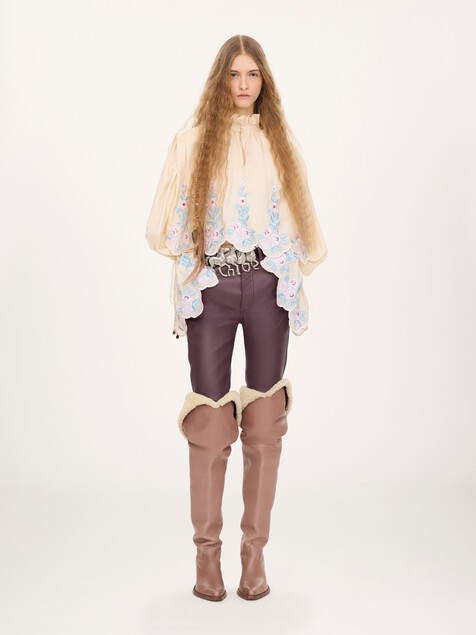High-neck puff-sleeve top in technical taffeta