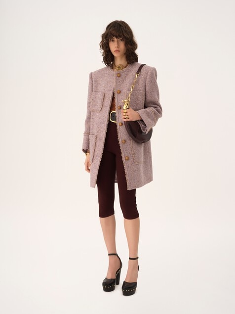 Single-breasted collarless coat in chin&eacute; wool tweed