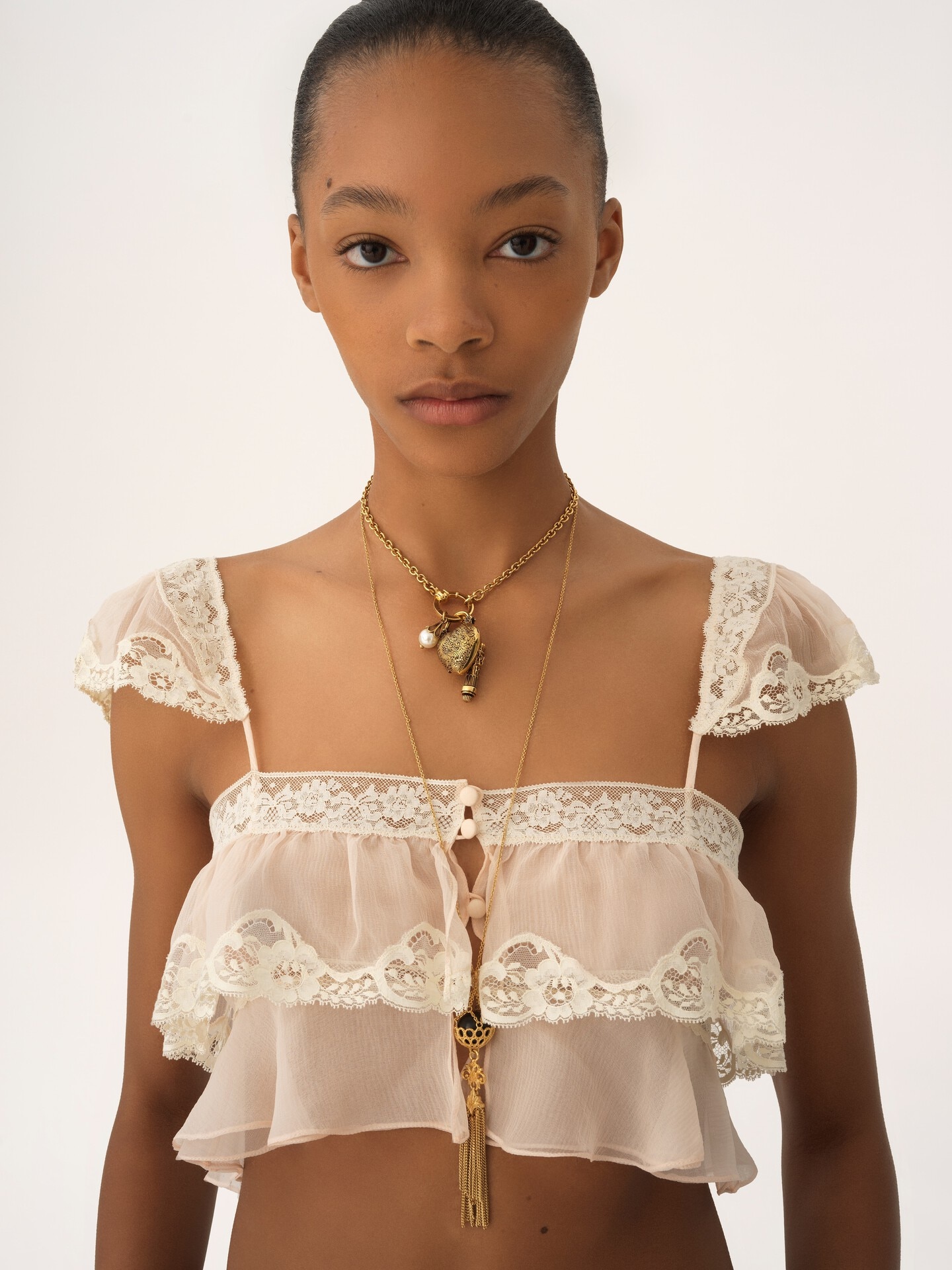 Ruffled bralette in silk mousseline & lace - 7