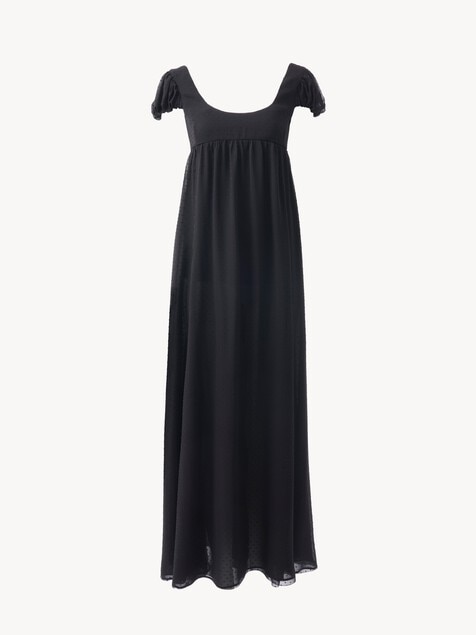 Puff-sleeve long dress in silk plumetis