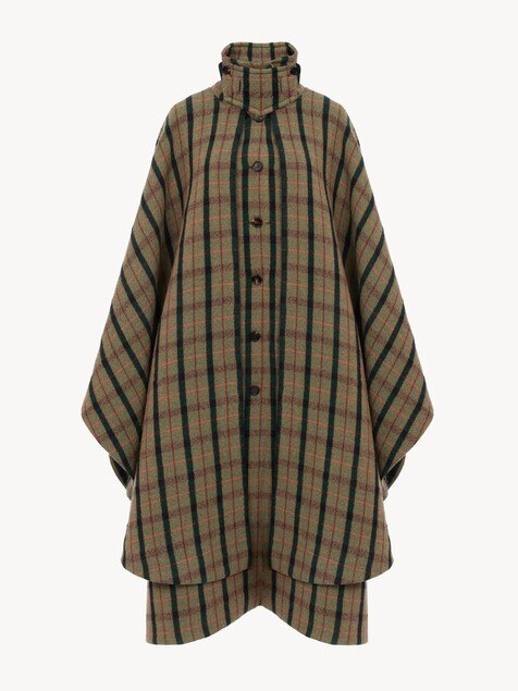 Layered long cape coat in brushed check wool