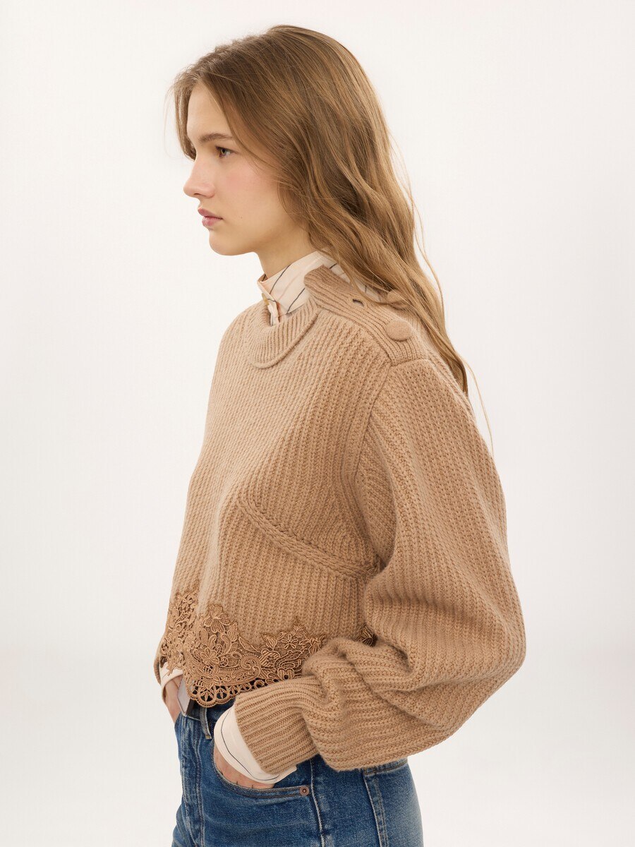 Cropped mock-neck jumper in a wool and cashmere knit & lace - 5