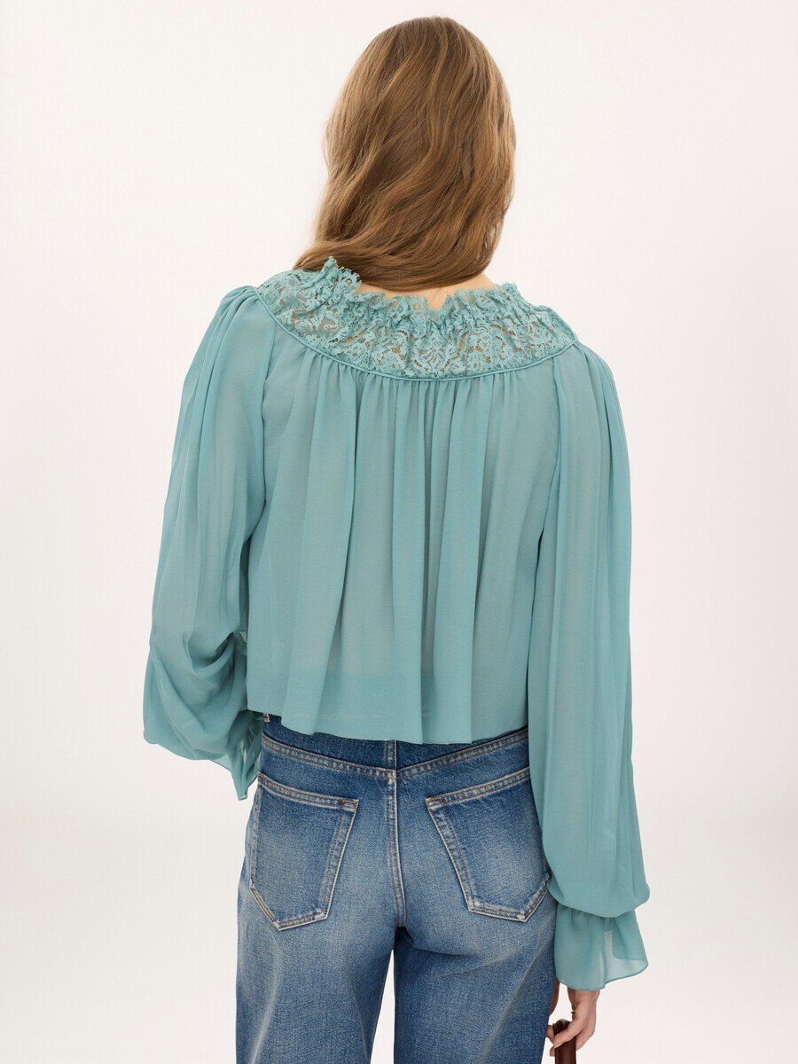 Scoop-neck cropped top in silk georgette & lace - 6