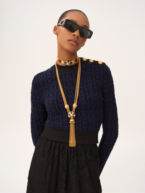 Boxy mock-neck sweater in a wool & silk knit