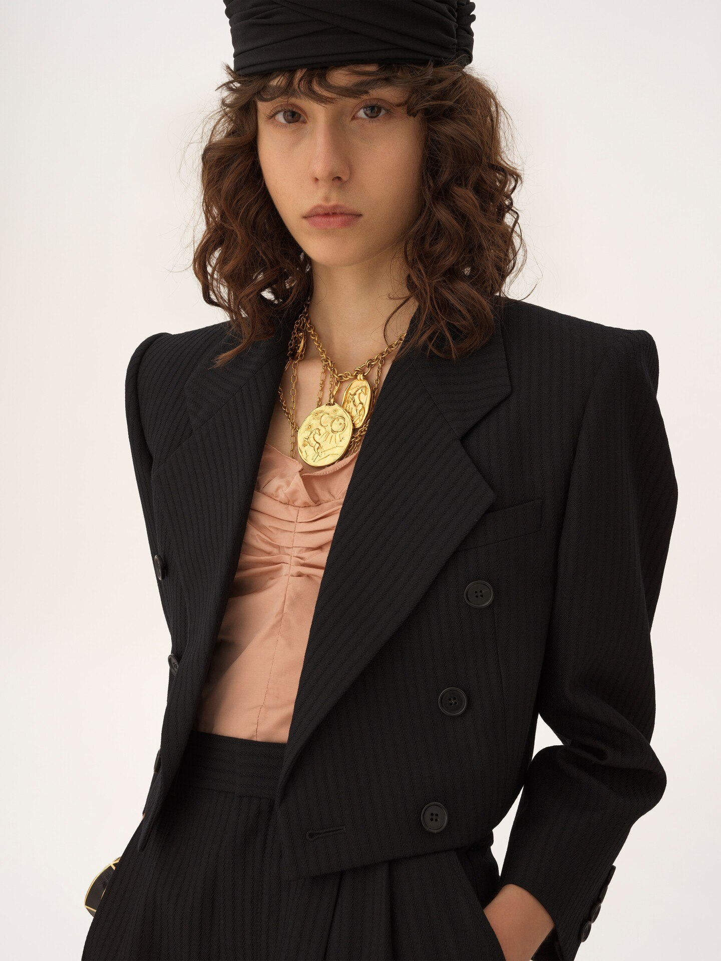 Double-breasted cropped Spencer jacket in striped wool - 8