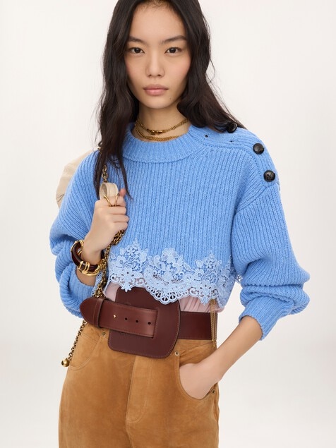 Cropped sweater in a merino wool knit & lace