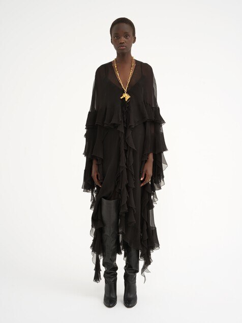 Long ruffled dress in silk mousseline