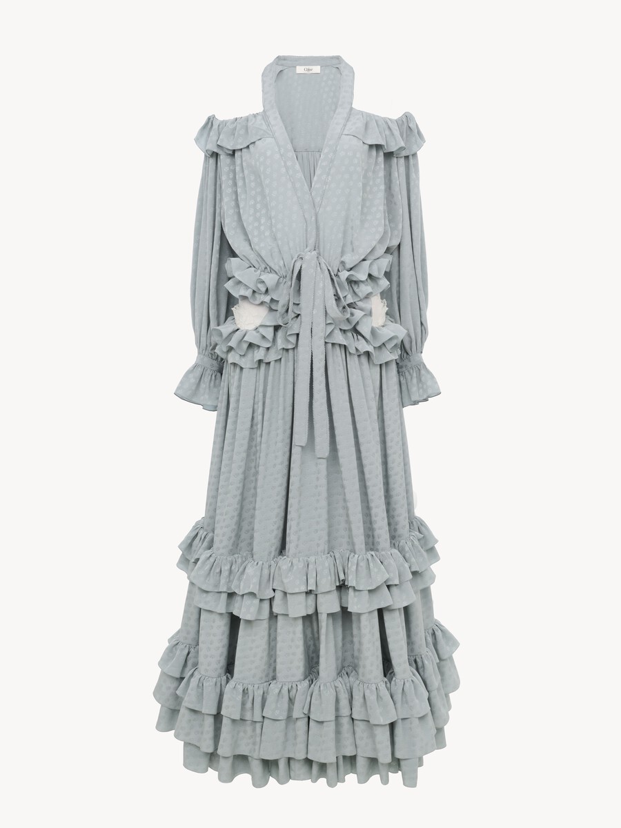 Robe longue &agrave; volants et d&eacute;coupes en soie jacquard - 2