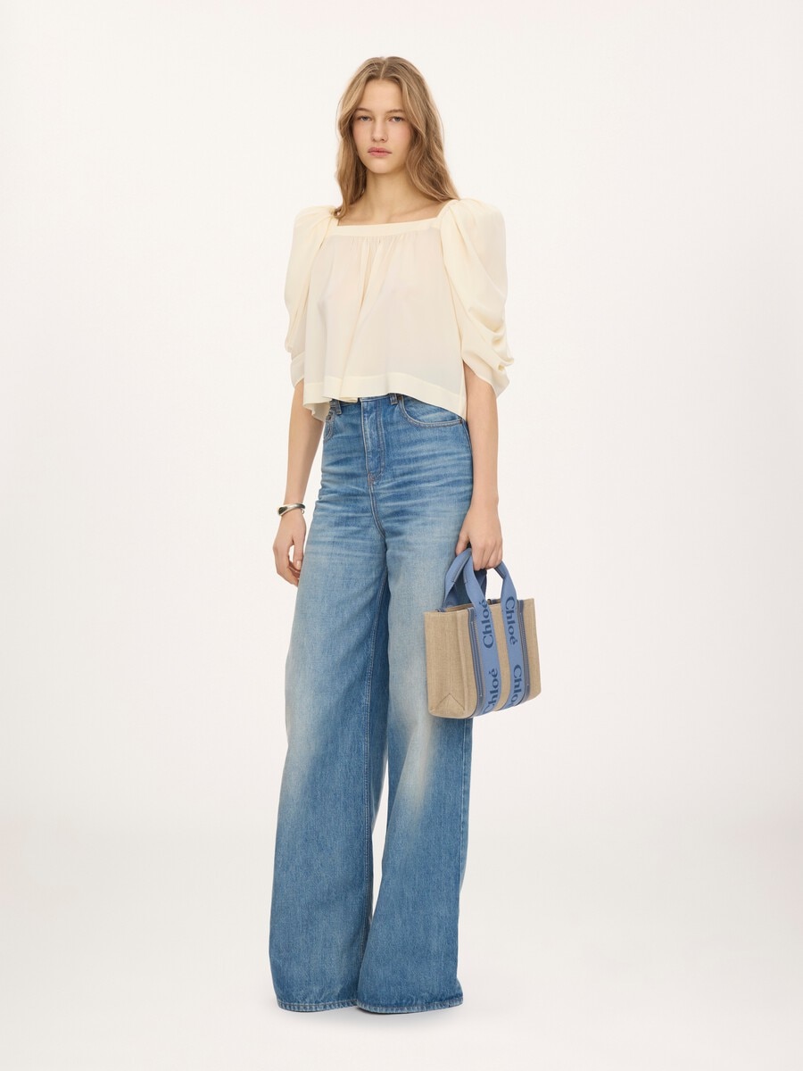 Small Woody tote bag in linen - 7