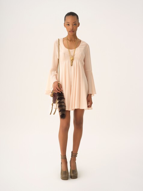 Flared mini dress in silk georgette