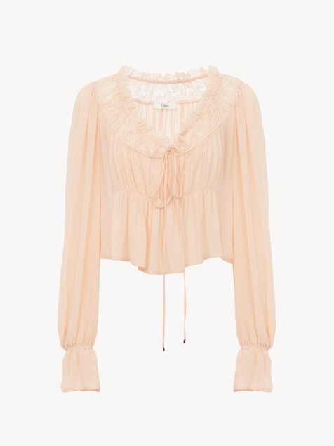 Cropped-Top mit Rundhalsausschnitt aus Seidengeorgette und Spitze