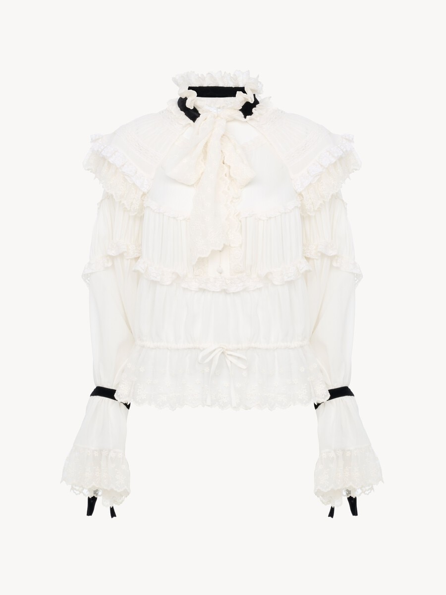 Tie-front ruffled top in silk mousseline & lace - 2