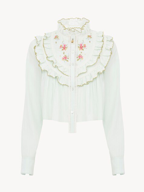 Cropped ruffled blouse in silk & cotton poplin