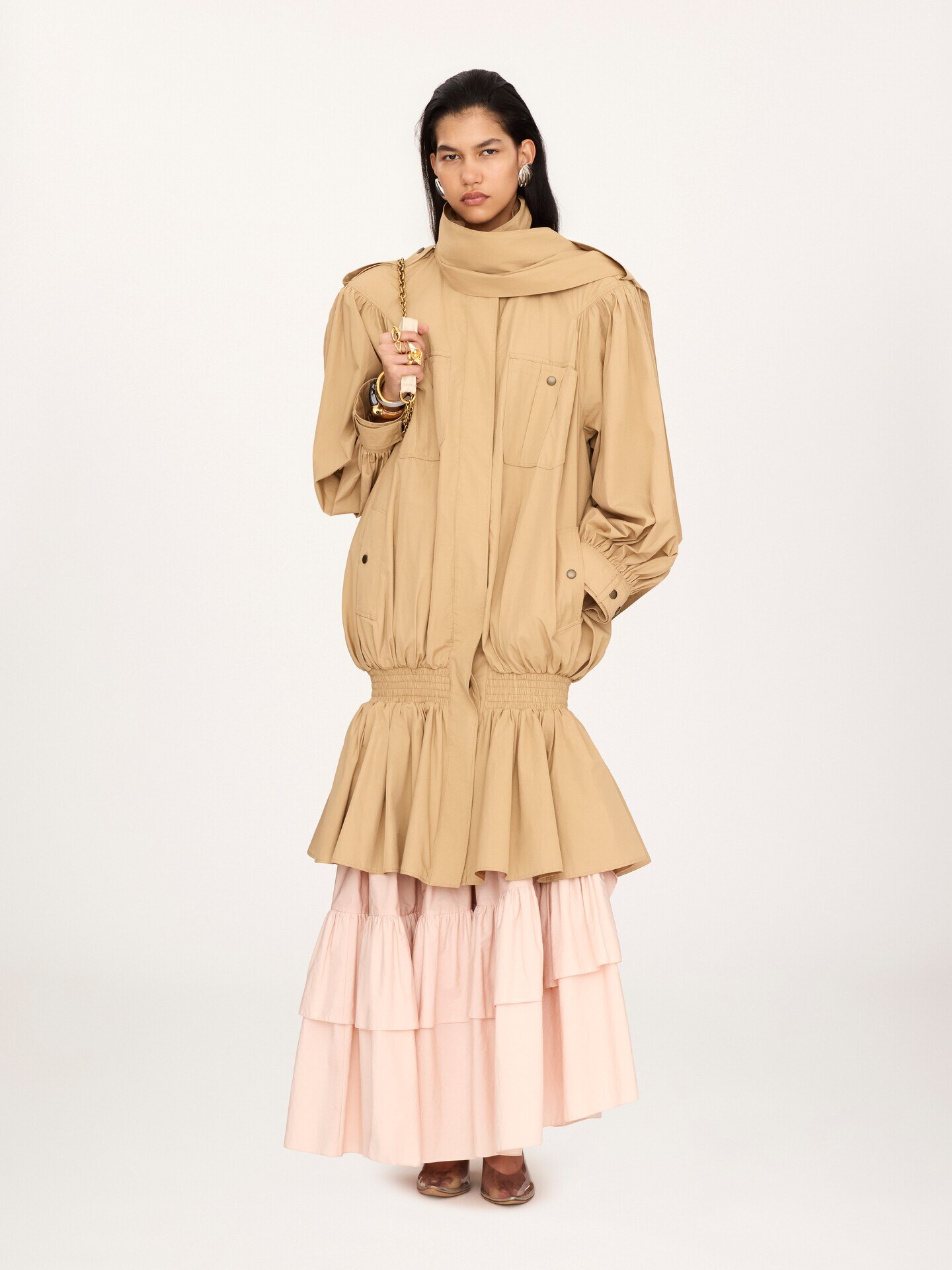High-neck gathered trench coat in cotton poplin - 3