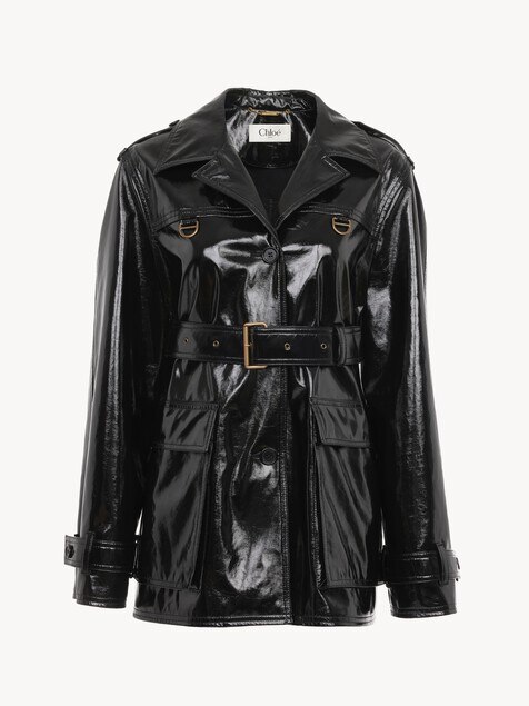 Belted jacket in shiny coated cotton