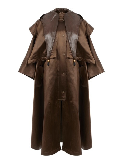 Hooded long cape coat in satin