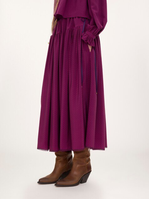 Gathered long skirt in silk jacquard & lace